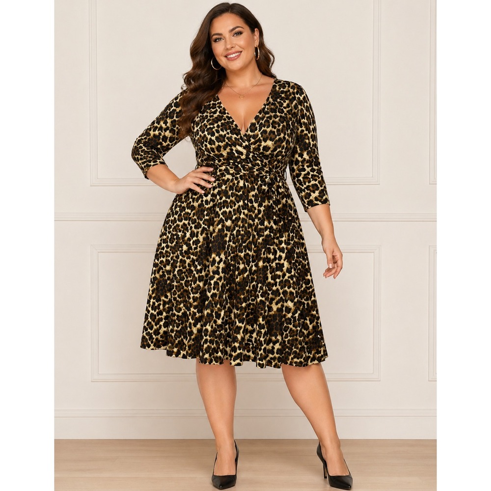 IGIGI Leopard Print Fit & Flare Dress Womens 18 V Neck 3/4 Sleeve Stretch